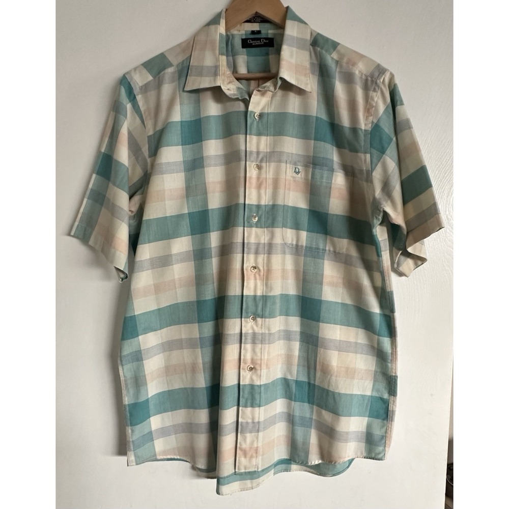 Christian Dior short-sleeve button-up shirt teal and pink plaid pattern